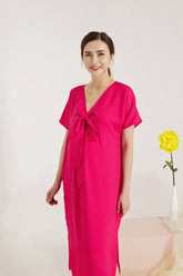 V-Neck Bow Front Silk Midi Dress with Side Slits